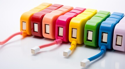 a mobile charger in various bright colors against a pristine white background, accentuating its design and practicality. - obrazy, fototapety, plakaty