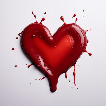 liquid blood or sauce splat in heart shape isolated on plain light studio background
