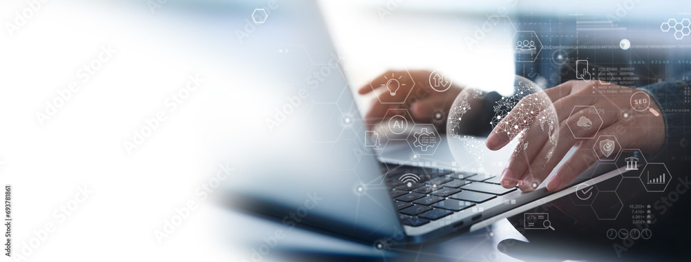 Poster digital technology, iot internet of things, global business. business man using laptop with global i