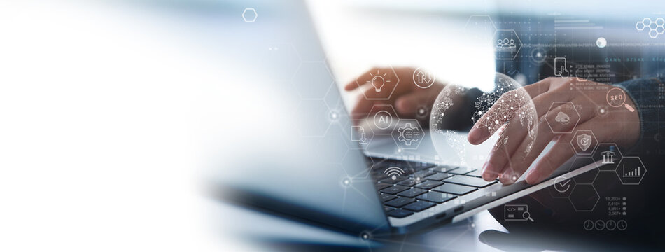 Digital Technology, IoT Internet of Things, Global business. Business man using laptop with global internet network connection with cloud computing and data management, information technology