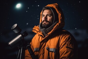 Handsome bearded man looking through a telescope on a snowy night