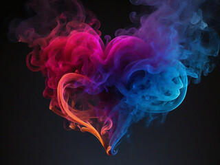 Colorful, heart-shaped smoke on a dark solid background