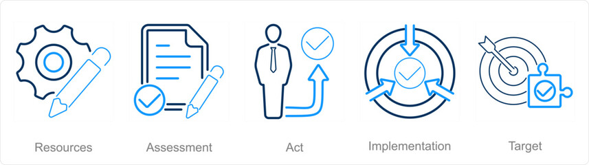 A set of 5 Action plan icons as resources, assessment, act