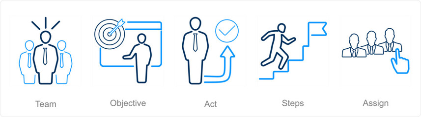 A set of 5 Action plan icons as team, objective, act