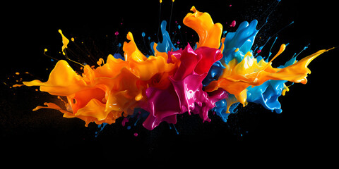  Dynamic and fluid paint splashes on a black background, A colorful liquid is being poured into the air..