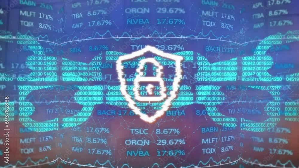 Poster animation of financial data processing over security padlock and chains