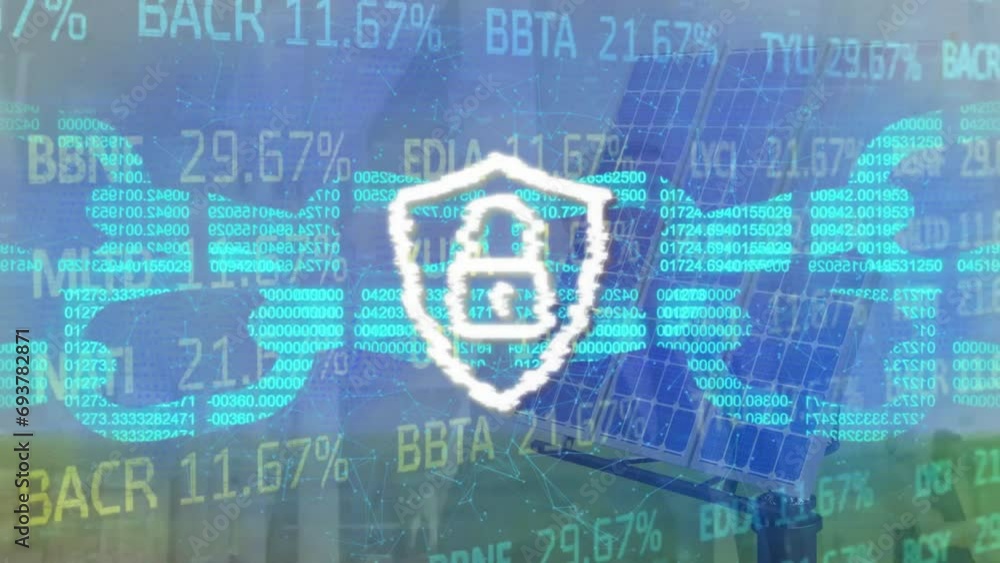 Poster animation of financial data processing over security padlock and chains