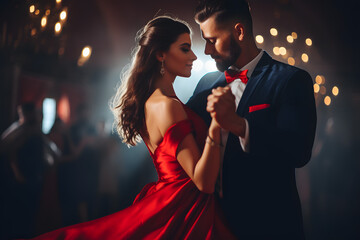Lovely Happy Couple dancing. Woman in red Dress and Man in Black Suit with Bow Tie. Flying silk Fabric and hair on Wind - obrazy, fototapety, plakaty