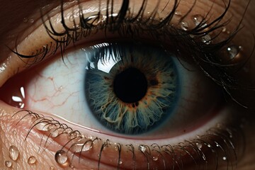 Imagen macro intensamente detallada de un ojo humano azul con gotas de agua en las pestañas - obrazy, fototapety, plakaty