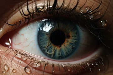Möbelaufkleber Imagen macro intensamente detallada de un ojo humano azul con gotas de agua en las pestañas © dmtz77