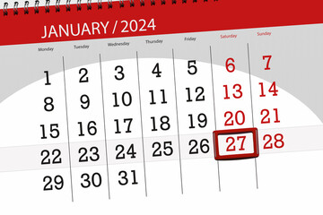 Calendar 2024, deadline, day, month, page, organizer, date, January, saturday, number 27
