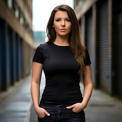 Urban Rebel Fashion. A confident woman in a plain black t-shirt embodies '90s alternative rock spirit in a vibrant cityscape