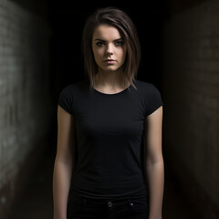 Urban Rebel Fashion. A confident woman in a plain black t-shirt embodies '90s alternative rock spirit in a vibrant cityscape