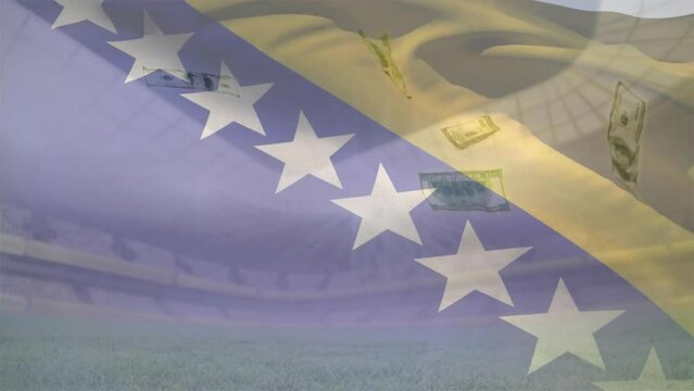 Animation of flag of bosna and hercegovina over american dollar bills