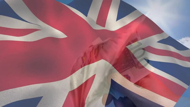 Animation of flag of gret britain over euro currency bills