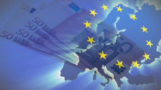 Animation of flag of european union and map of europe over euro currency bills