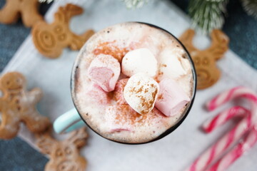 Hot cocoa with marshmallow in a mug surrounded by winter things on a wooden table. The concept of...