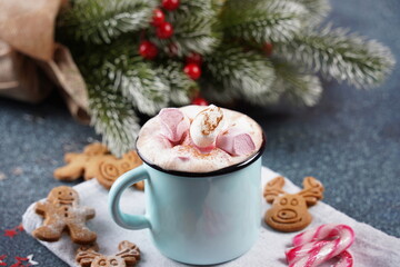 Hot cocoa with marshmallow in a mug surrounded by winter things on a wooden table. The concept of...