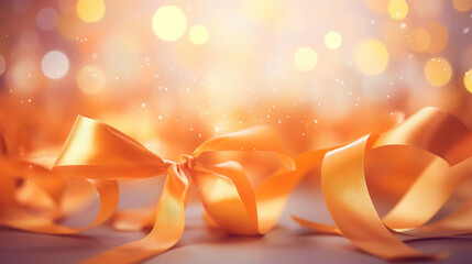 Abstract background with confetti on orange ribbons on golden light backdrop