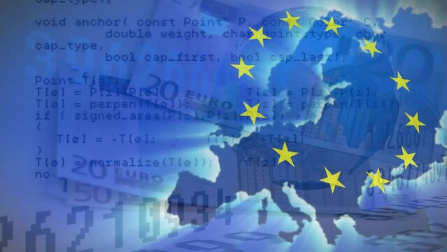 Animation of flag of european union and map of europe over euro currency bills
