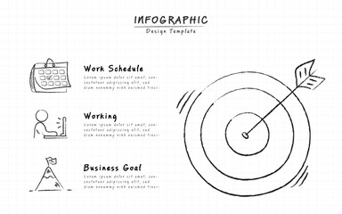 Infographic target doodle design template. Hand drawn Timeline concept with 3 options or steps template. layout, diagram, annual, report, presentation. Vector illustration.