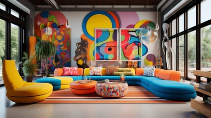 Naklejka premium Playful and colorful living room designed for a vibrant and energetic atmosphere