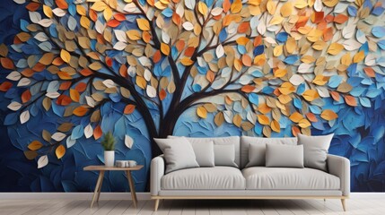 batterflieswallpaper(vibrant multicolored tree with hanging leaves - 3d abstract wallpaper for interior mural and wall art decor