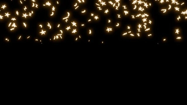 3d Rain of stars and moon falling from black sky. Yellow glowing space particle animation effect
