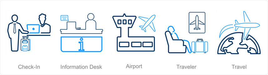 A set of 5 Airport icons as check in, information desk, airport - obrazy, fototapety, plakaty