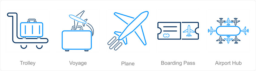 A set of 5 Airport icons as trolley, voyage, plane