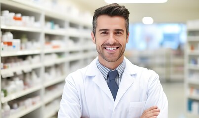 A man in a lab coat standing in front of a pharmacy shelf