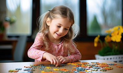 A little girl playing with a puzzle on a table - obrazy, fototapety, plakaty