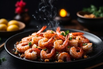 high quality photography of delicious homemade shrimp soaked in black plate on table on dark background.  - obrazy, fototapety, plakaty
