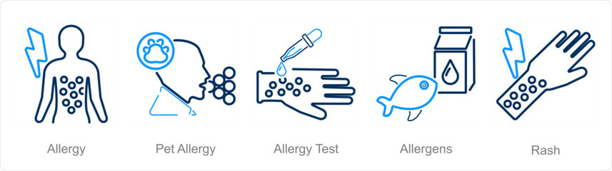 A set of 5 Allergy icons as allergy, pet allergy, allergy test