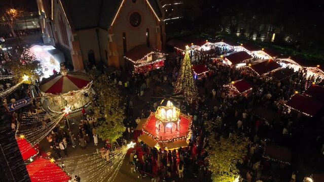 Aerial view of Christmas Market by the bund in Shanghai at night