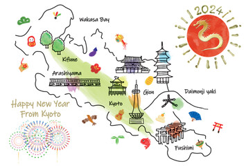 Naklejka premium 京都の観光地のイラストマップ年賀状2024年