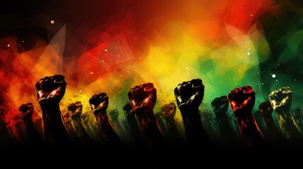 Abstract background of clenched fists in red, yellow, green colors small below and free space above with justice themed background for elegant solid color african american, 12k, 