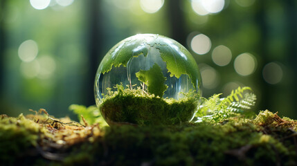 Sustainable Earth Day Concept: Green Globe Nestled in a Lush Forest - Eco-Friendly Environmental Conservation in Nature's Tranquil Wilderness.