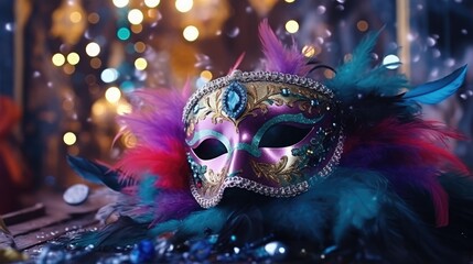 A colorful mask adorned with feathers and sequins hangs on the wall, ready to be worn for a festive celebration, Wide Angle Lenses, surrounding blur, stippling, FHD, hyper quality  - obrazy, fototapety, plakaty