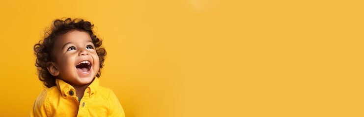 African baby toddler boy with dark hair in shirt and jacket excited smile on isolated yellow background studio portrait. Positive people anouncement concept. Empty space place for text copy paste.