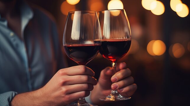 A man and a woman holding wine glasses, focus on glasses closeup, a stock phot