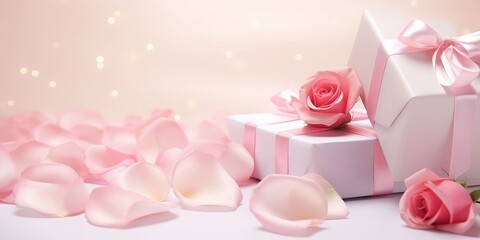 A poster, layout, pink roses on the desktop, with a small pink gift box next to it, a clean background, rose petals in the air, close-up shots,