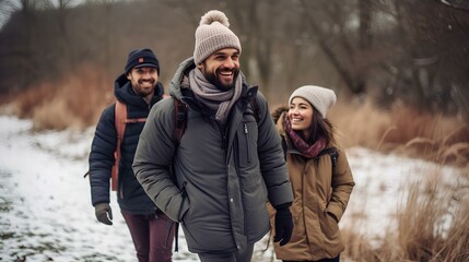 a casually dressed delightful diversity friends walking along a walking trail in winter. generative AI