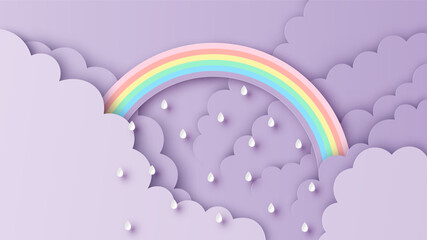 Illustration of design a rainbow on sky in paper craft style. Beautiful clouds and rainbow in rainy season. paper cut and craft design. vector, illustration.