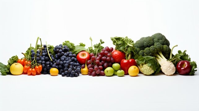 an image of isolated fruits and vegetables, carefully arranged against a white background,