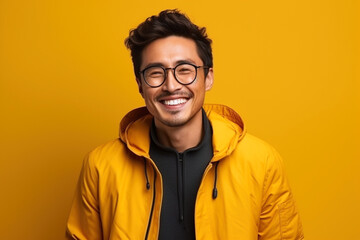 Laughing young Asian guy in glasses and a yellow jacket against the background of the same color wall. Advertising concept.