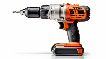 an isolated cordless drill, its powerful motor and rechargeable battery highlighted against the pristine white background, embodying the innovation and portability in contemporary drilling technology.