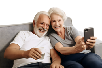 Attractive happy older spouses spend weekend time on couch in living room take selfies on smartphone together. Generative AI.