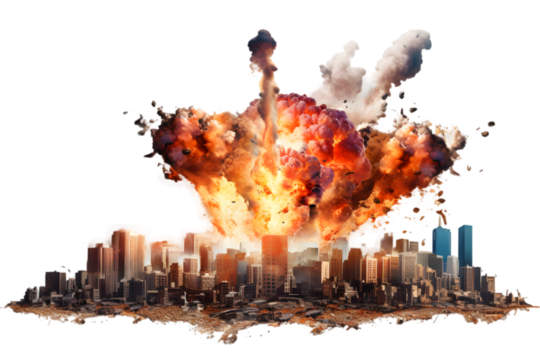 explosion city isolated on white background. Generative AI.