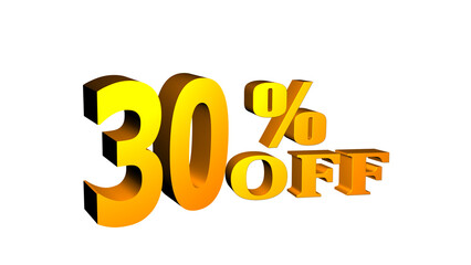 30% off isolated on white background. 30 percent off promotion. 3d 30 percent off discount. Off 30 percent. Sales concept. 3d illustration.